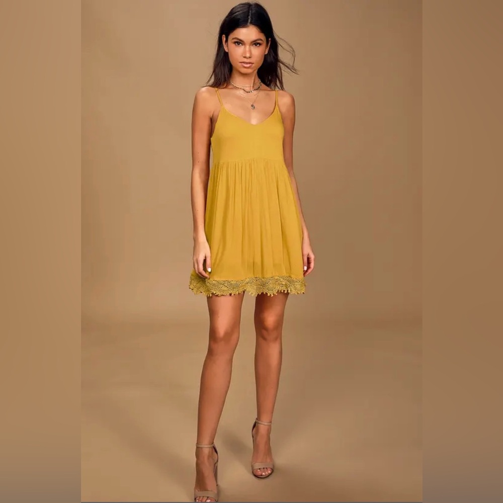 NWOT*Lulus Rhiannon Mustard Yellow Lace Babydoll Dress S